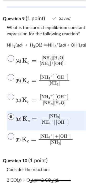 Solved What Is The Correct Equilibrium Constant Expression Chegg