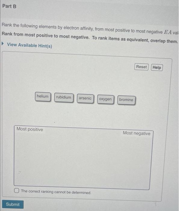 Solved Part B Rank The Following Elements By Electron Chegg