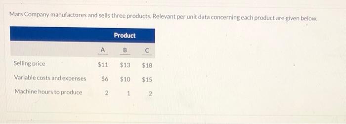 Solved Mars Company Manufactures And Sells Three Products Chegg