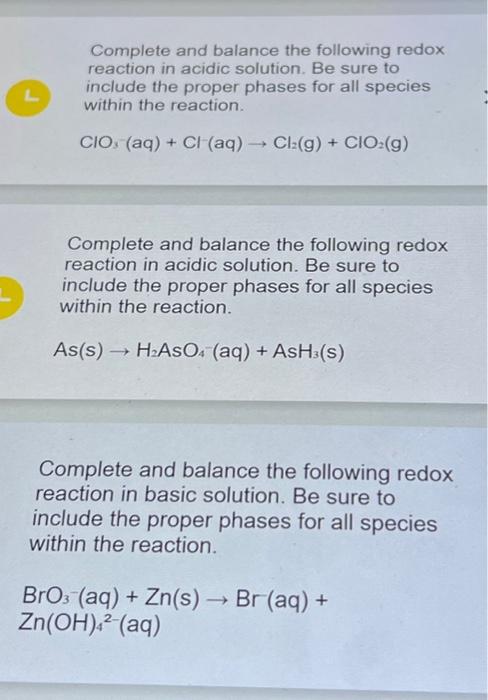 Solved Complete And Balance The Following Redox Reaction In Chegg