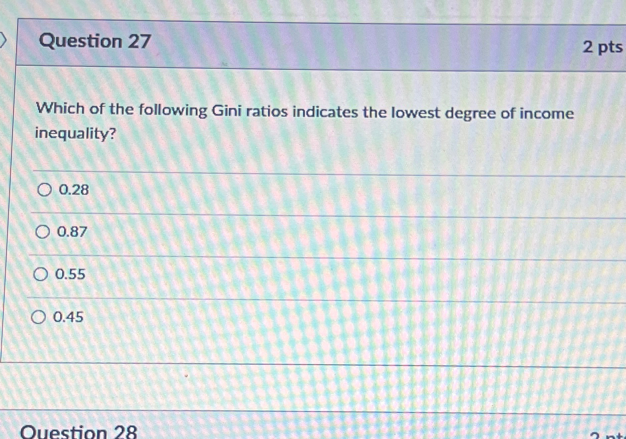 Solved Question Ptswhich Of The Following Gini Ratios Chegg