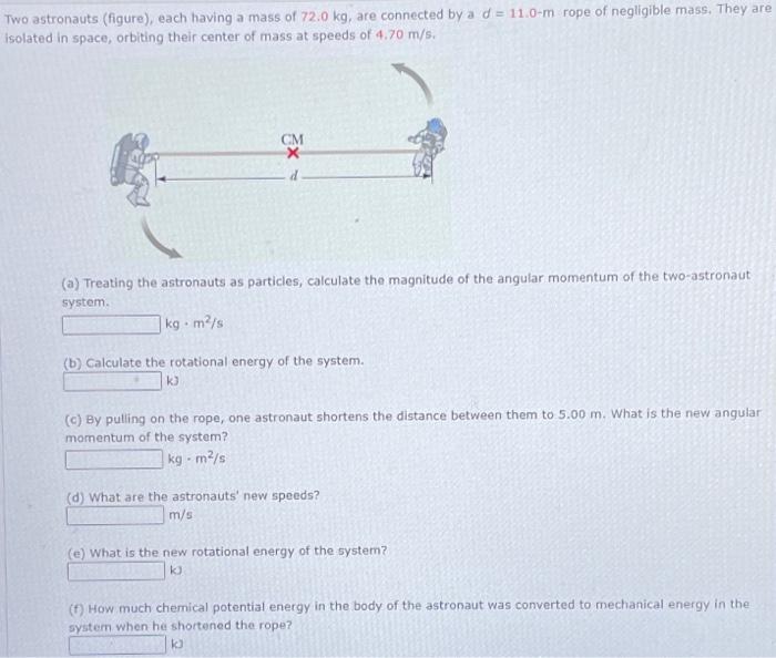 Solved Two Astronauts Figure Each Having A Mass Of Chegg