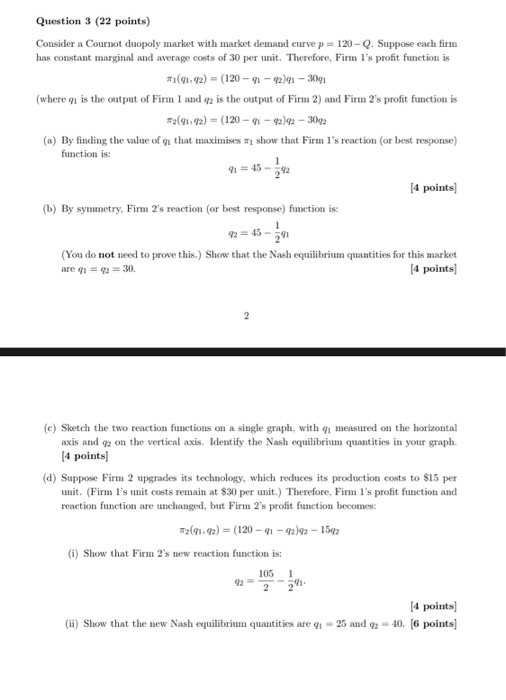 Solved Question Points Consider A Cournot Duopoly Chegg