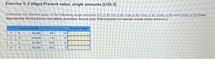 Solved Exercise Algo Present Value Single Amounts Chegg