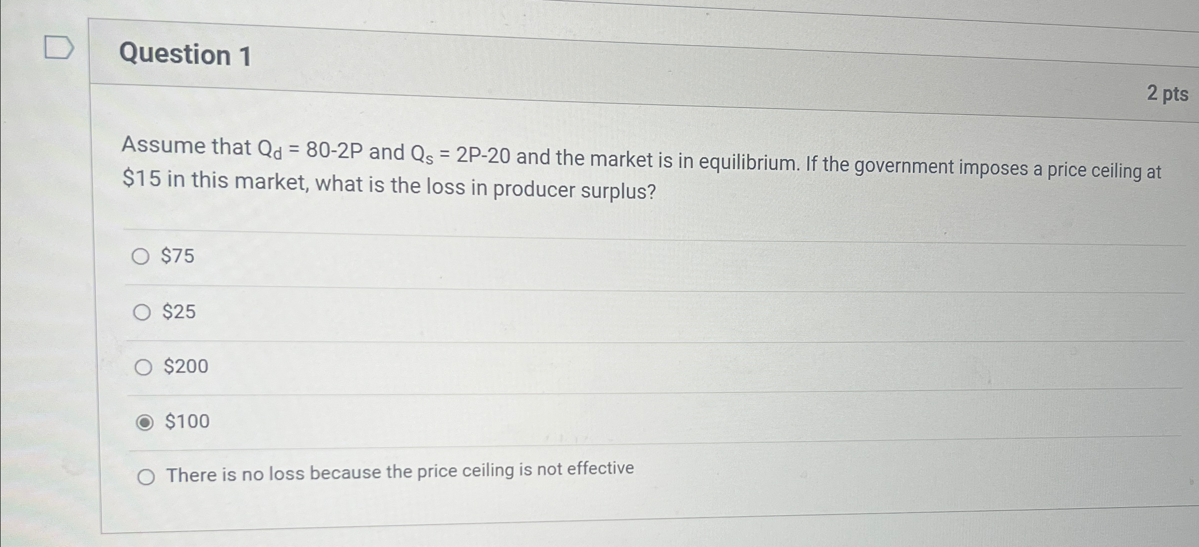 Solved Question 12 PtsAssume That Qd 80 2P And Qs 2P 20 Chegg