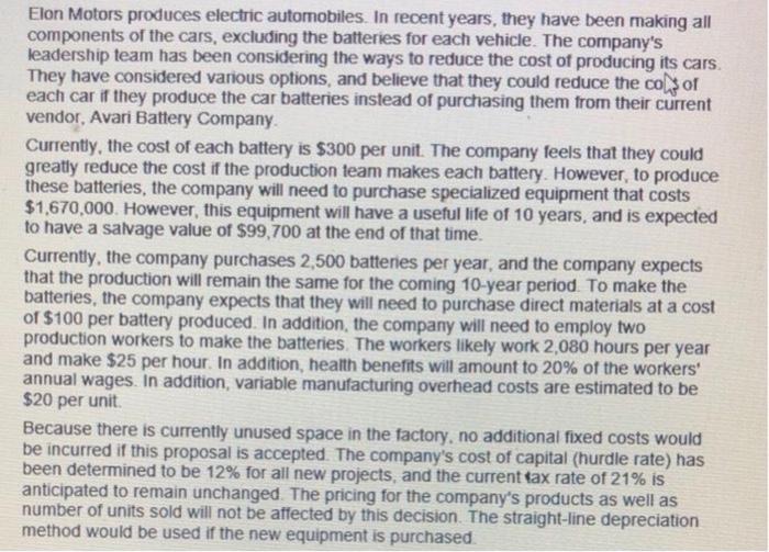 Solved Elon Motors Produces Electric Automobiles In Recent Chegg