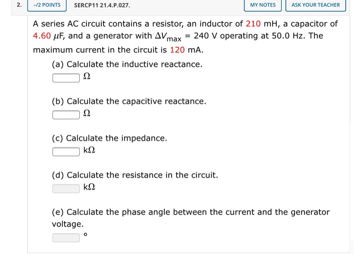 Solved 2 POINTS SERCP11 21 4 P 027 MY NOTES ASK YOUR Chegg