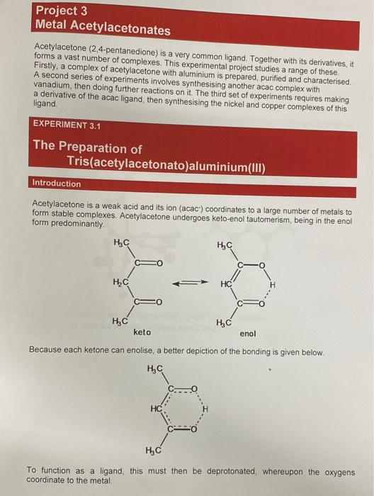 Solved Project 3 Metal Acetylacetonates Acetylacetone Chegg