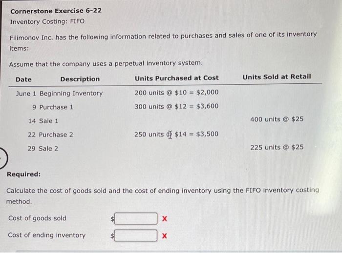 Solved Cornerstone Exercise 6 22 Inventory Costing FIFO Chegg