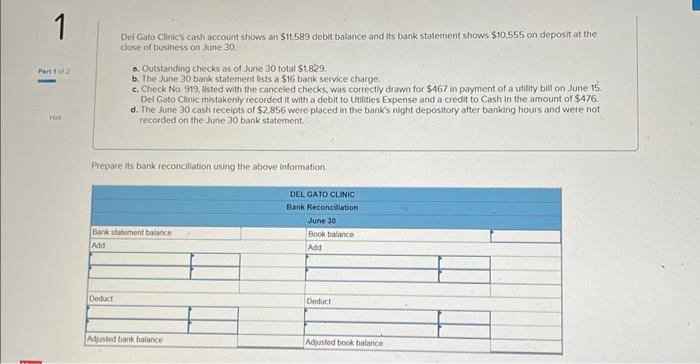 Solved Del Gato Clinic S Cash Account Shows An Chegg
