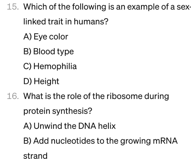 Solved Which Of The Following Is An Example Of A Sex Linked Chegg