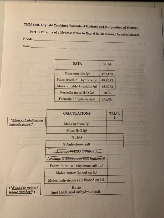 Solved Chm L Dry Lab Combined Formula Of Hydrate And Chegg