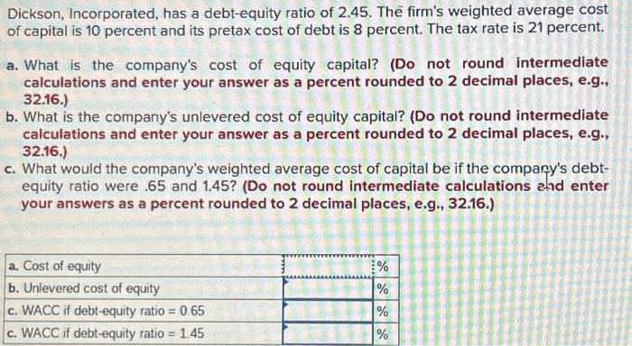 Solved Dickson Incorporated Has A Debt Equity Ratio Of Chegg