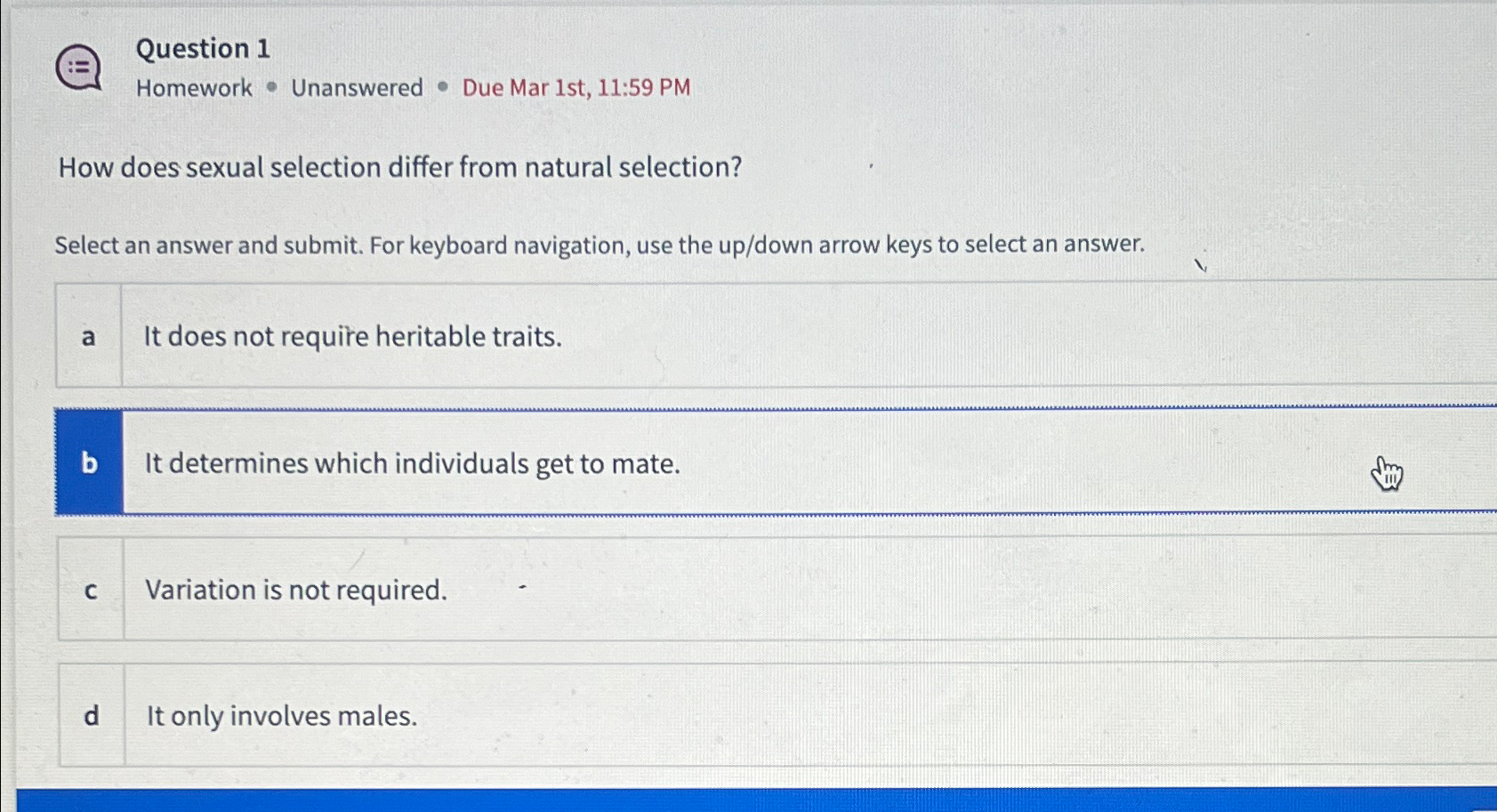 Solved Question 1Homework Unanswered Due Mar Chegg