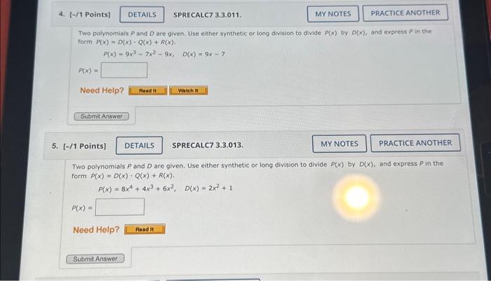 Solved Two Polynomials P And D Are Given Use Either Chegg