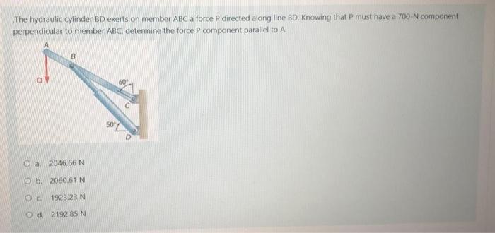 Solved The Hydraulic Cylinder Bd Exerts On Member Abc A Chegg