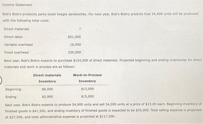 Solved Income Statement Bob S Bistro Produces Party Sized Chegg