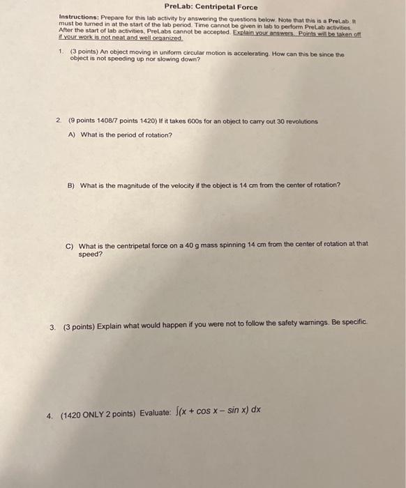 Solved Prelab Centripetal Force Instructions Prepare For Chegg