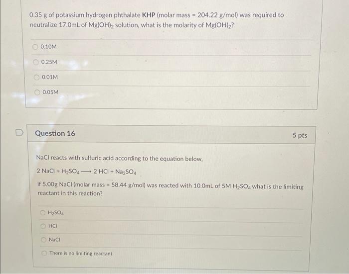 Solved 0 35 G Of Potassium Hydrogen Phthalate KHP Molar Chegg