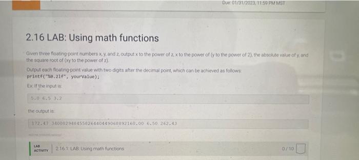 Solved 2 16 LAB Using Math Functions Given Three Chegg