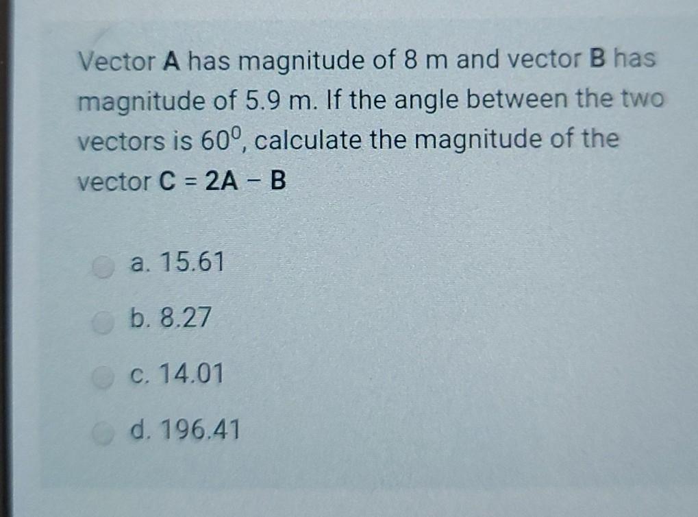 Solved Vector A Has Magnitude Of 8 M And Vector B Has Chegg