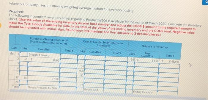 Solved C Telamark Company Uses The Moving Weighted Average Chegg
