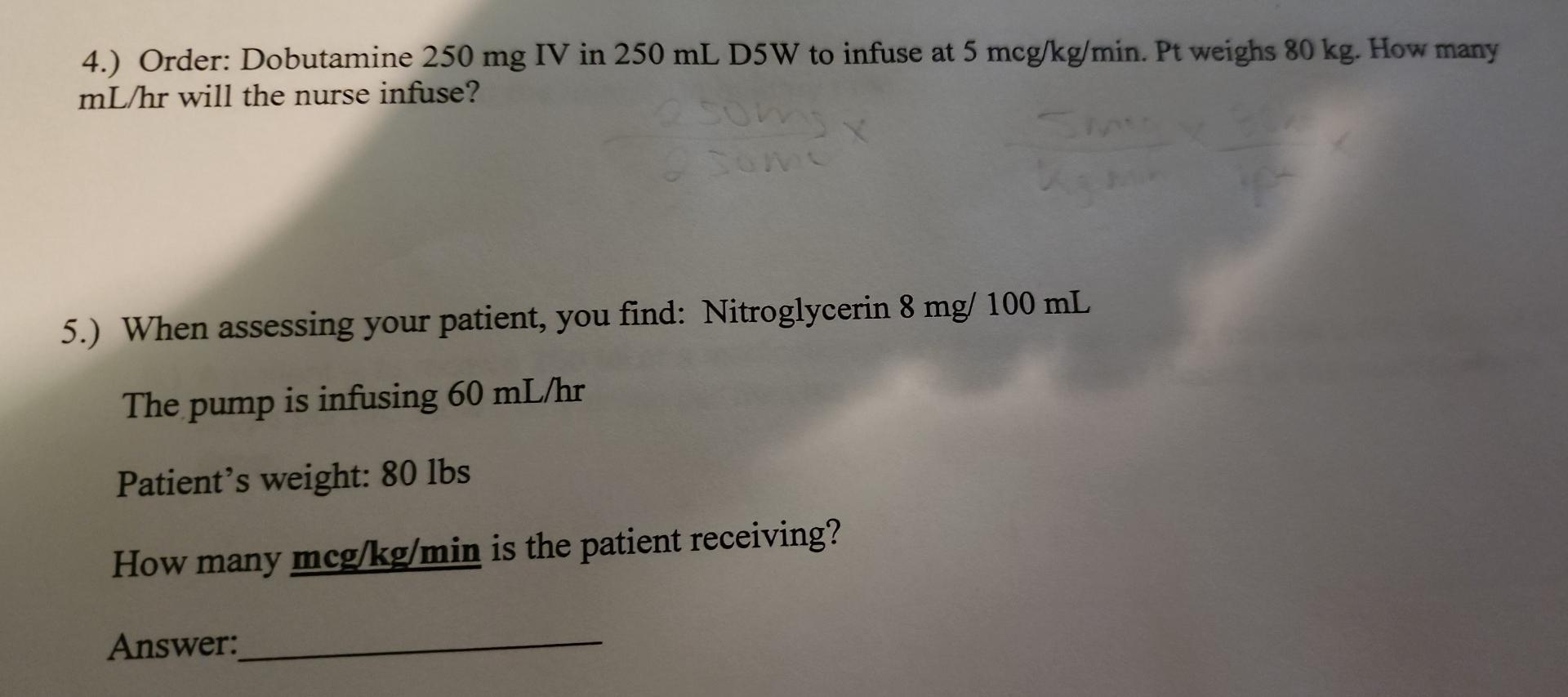 Solved Order Dobutamine Mg Iv In Ml D W To Chegg