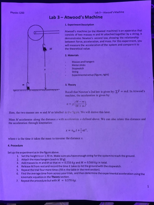 Solved Physics 1250 Lab 3 Atwood S Machine Lab 3 Atwood S Chegg