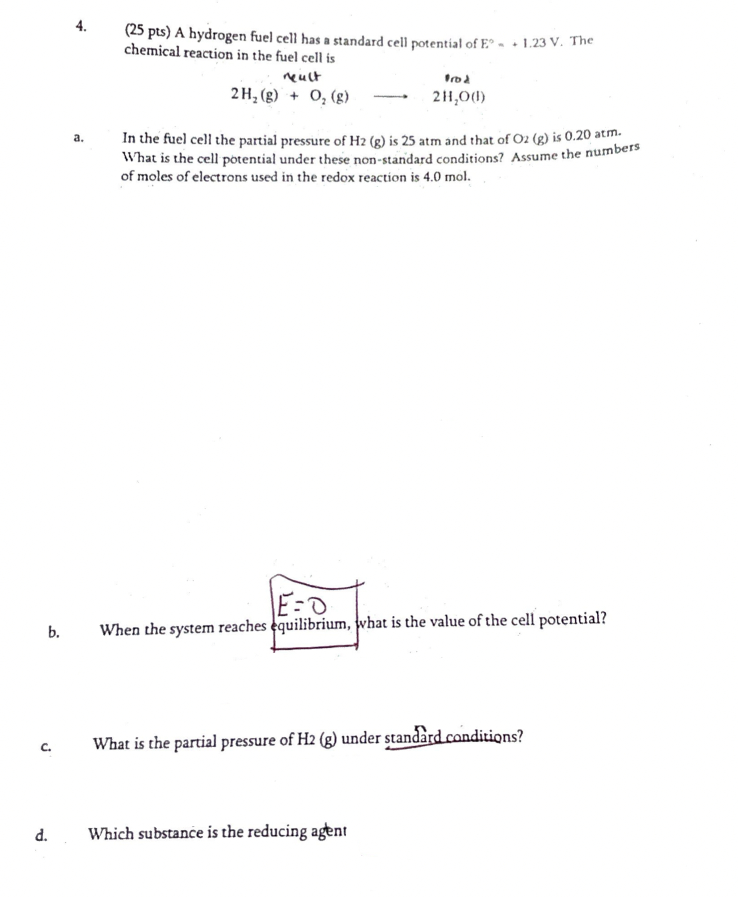 Solved 25 Pts A Hydrogen Fuel Cell Has A Standard Cell Chegg