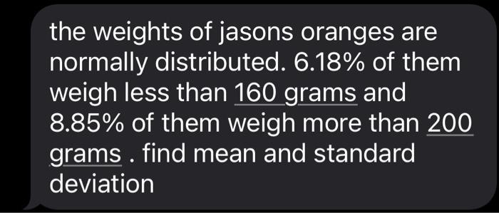 Solved The Weights Of Jasons Oranges Are Normally Chegg