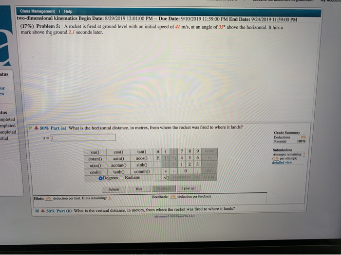 Solved Class Management Help Two Dimensional Kinematics Chegg