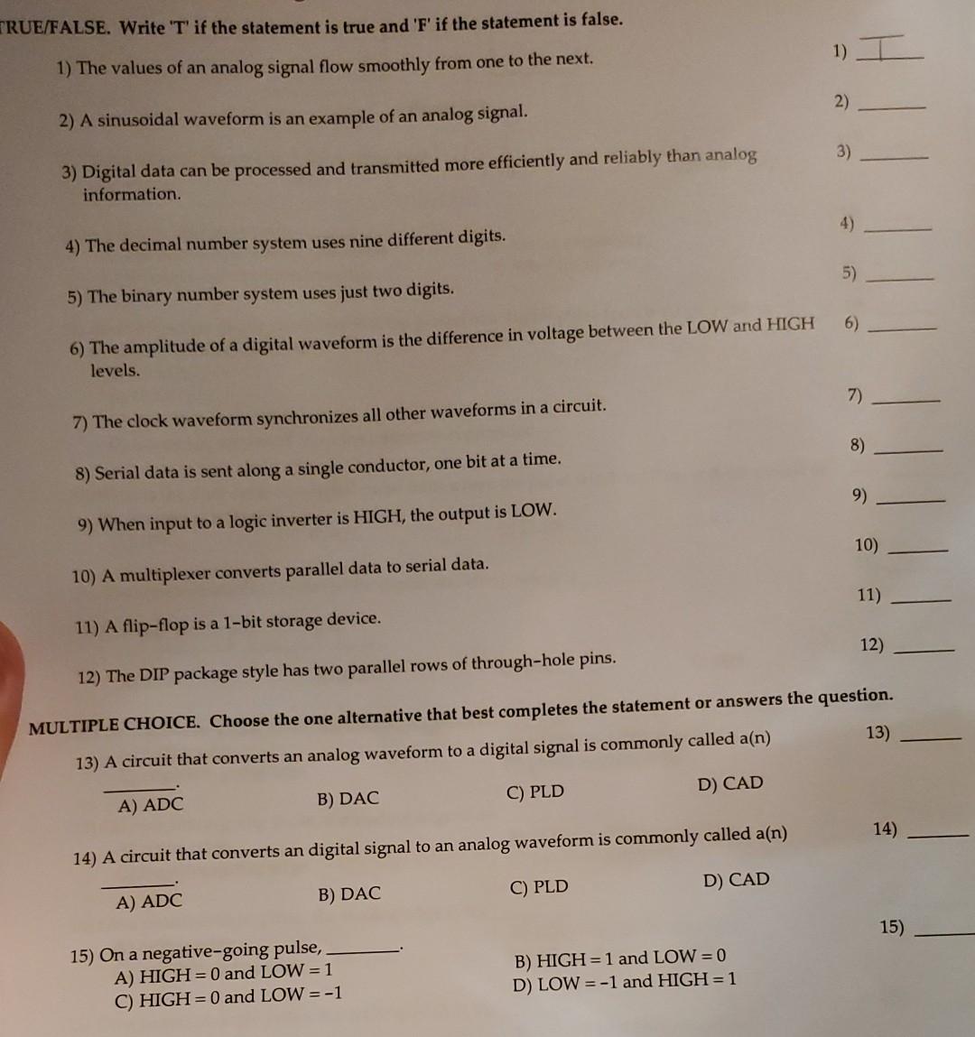 Solved TRUE FALSE Write T If The Statement Is True And Chegg