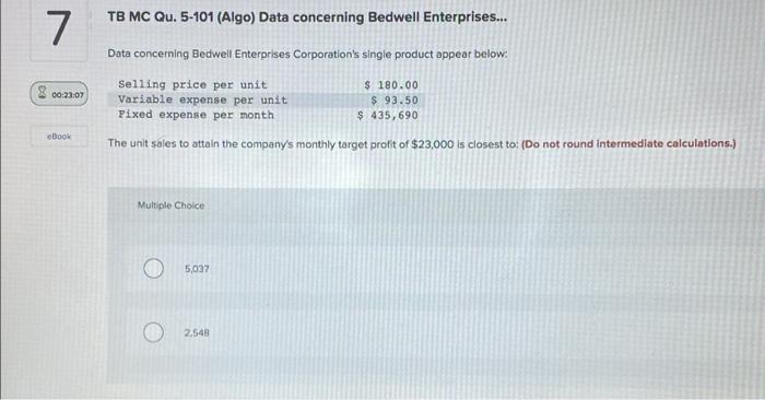 Solved 7 TB MC Qu 5 101 Algo Data Concerning Bedwell Chegg