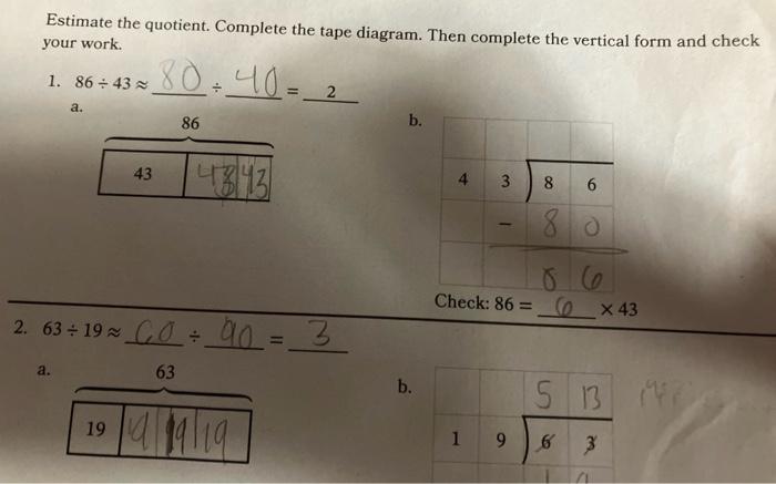 Solved Estimate The Quotient Complete The Tape Diagram Chegg