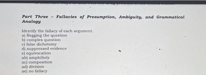 Solved Part Three Analogy Fallacies Of Presumption Chegg