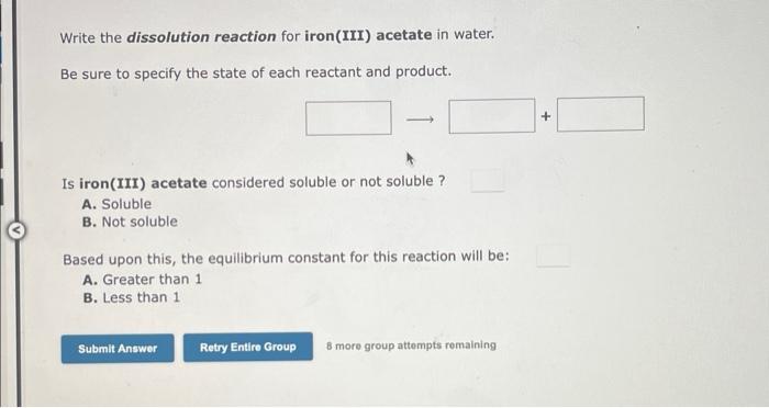 Solved Write The Dissolution Reaction For Iron Iii Acetate Chegg