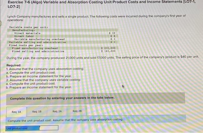 Solved Exercise Algo Variable And Absorption Costing Chegg