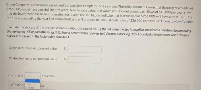 Solved Crane Company Is Performing A Post Audit Of A Project Chegg