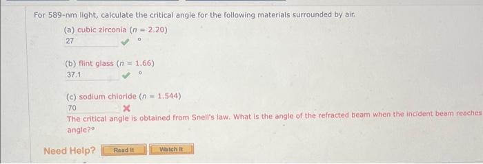 Solved For Nm Light Calculate The Critical Angle For Chegg