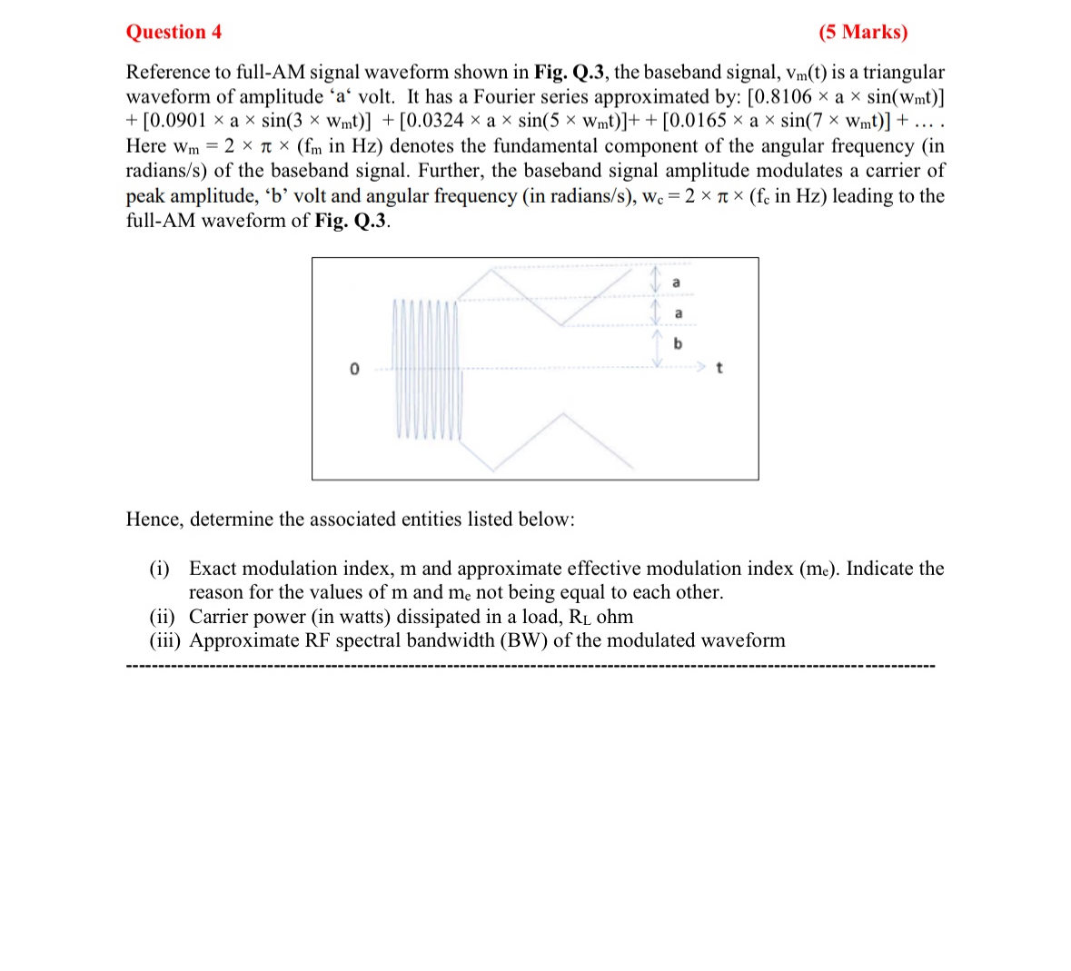 Solved Question 4 5 Marks Reference To Full AM Signal Chegg