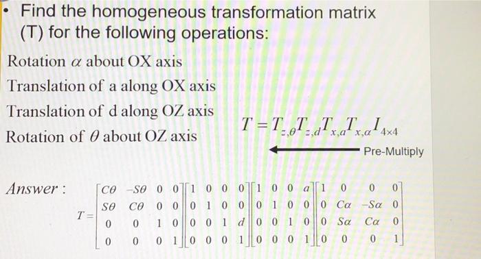 Solved Find The Homogeneous Transformation Matrix T For Chegg