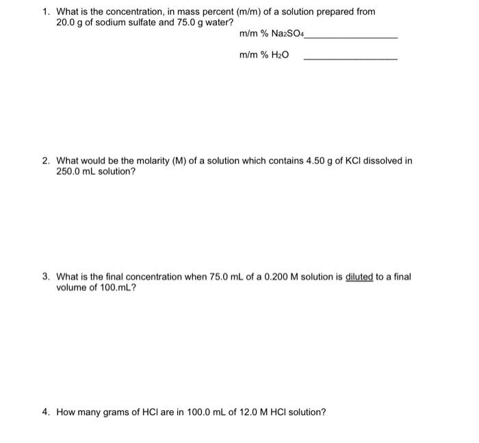 Solved What Is The Concentration In Mass Percent M M Chegg