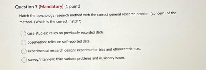 Solved Question Mandatory Point Match The Psychology Chegg