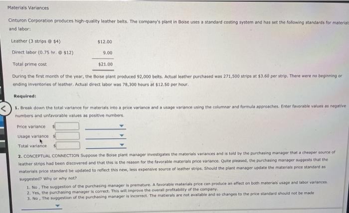 Solved Materials Variances Cinturon Corporation Produces Chegg