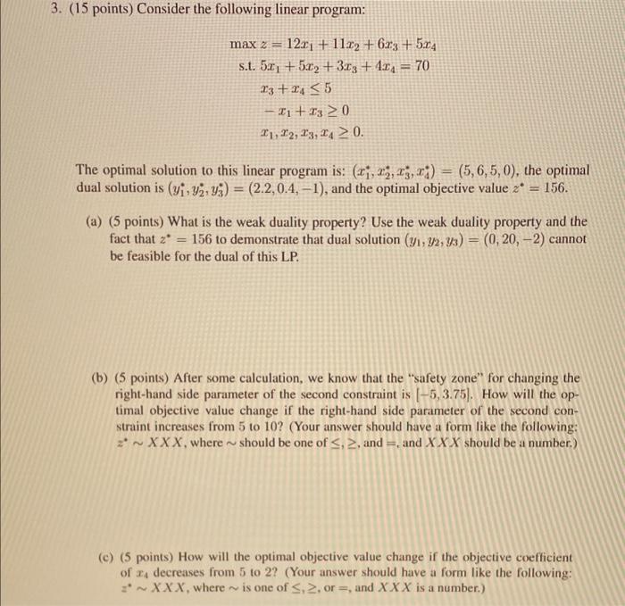 Solved 3 15 Points Consider The Following Linear Program Chegg