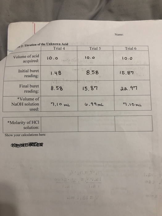 Solved Name Titration Of The Unknown Acid Trial Trial Chegg