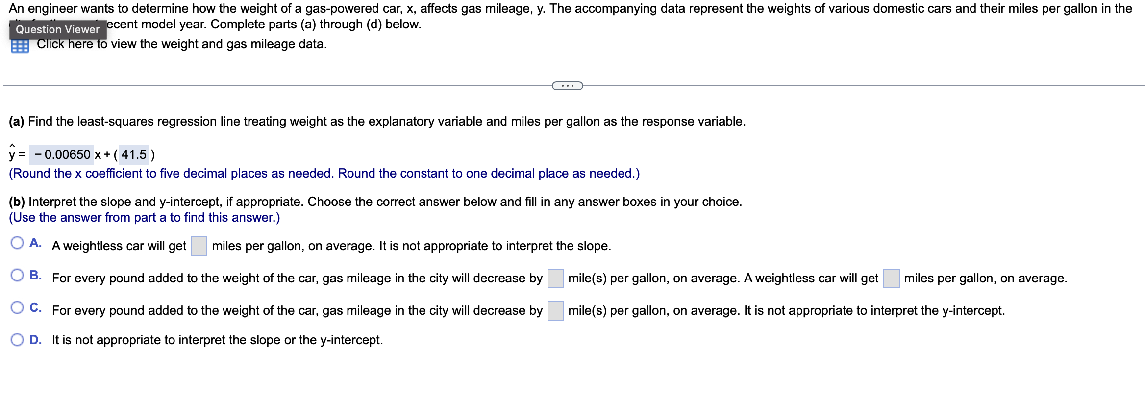 Solved B Interpret The Slope And Y Intercept If Chegg