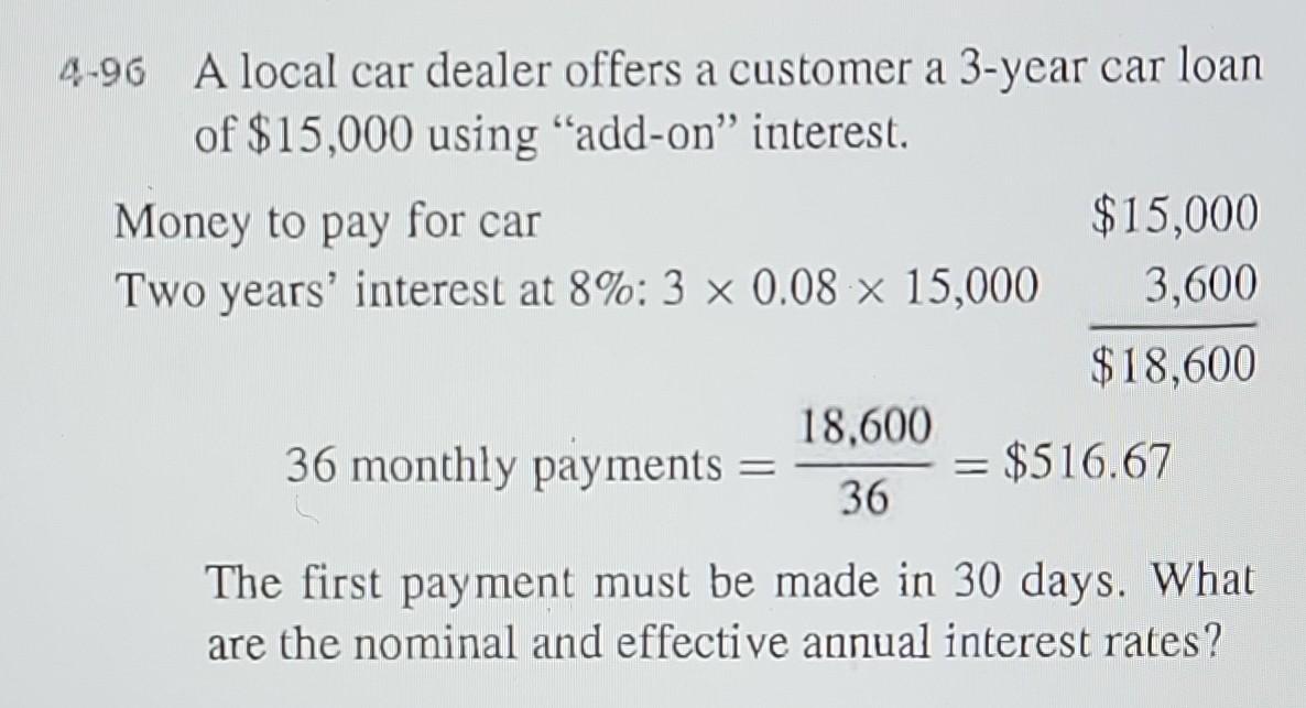 Solved A Local Car Dealer Offers A Customer A Year Chegg