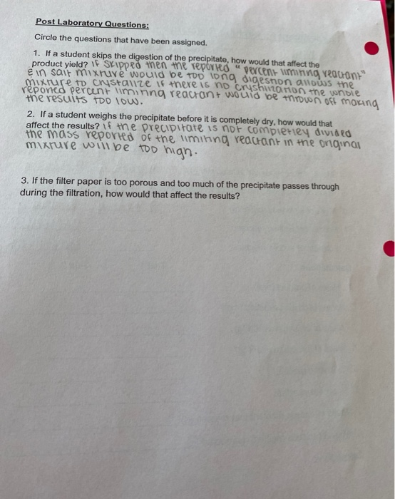 Solved Post Laboratory Questions Circle The Questions That Chegg