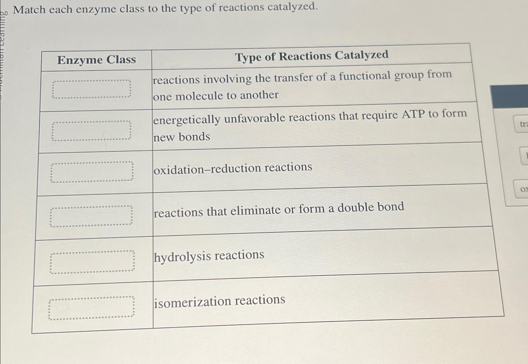 Solved Match Each Enzyme Class To The Type Of Reactions Chegg